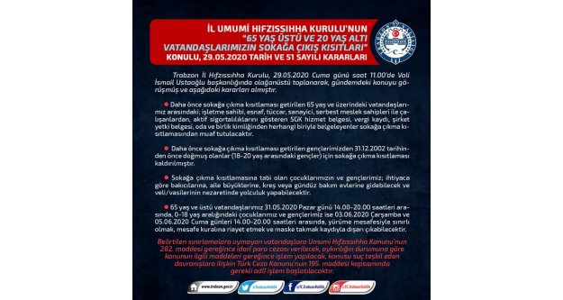 65 Yaş Üstü ve 20 Yaş Altı Vatandaşlarımızın dikkatine!