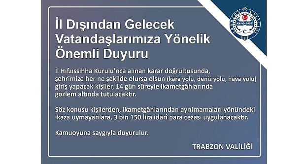 İl Dışından Gelecek Vatandaşlarımıza Yönelik Önemli Duyuru